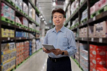 a middle-aged Asian businessman holding a tablet at a warehouse full of goods