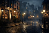 Fototapeta Londyn - Old town street at night with fog and lights, Bruges, Belgium
