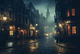 Fototapeta Londyn - Old town street at night with fog and lights, Bruges, Belgium