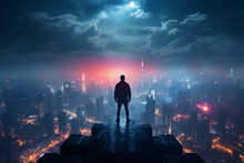Silhouette Of Businessman Standing On Top Of Skyscraper And Looking At Night City