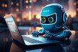 Cute Robot working on laptop with heart icon. 3d illustration.