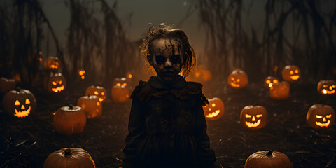 Wall Mural - halloween scene with child and jack o lanterns - spooky cinematic photography