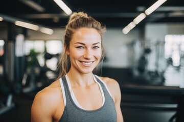 Wall Mural - Smiling portrait of a happy young female caucasian fitness instructor working in an indoor gym