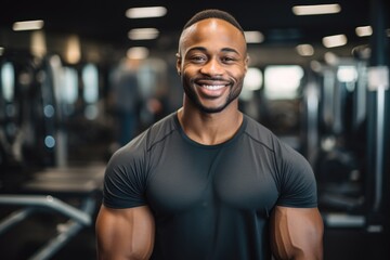 Wall Mural - Smiling portrait of a happy young male african american fitness instructor in an indoor gym