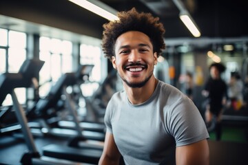 Wall Mural - Smiling portrait of a happy young male african american fitness instructor in an indoor gym