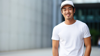  Asian man happy and happy, portrait of asian man with wow face, happy man, looks back at the camera, man wearing white t - shirt is delighted with light gray background.