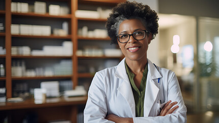 Wall Mural - portrait of a doctor in a hospital, afro American woman, empowering presence of a smiling middle-aged Afro American woman doctor in her office, arms crossed 
