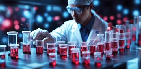 scientist holding medical testing tubes or vials of medical pharmaceutical research 