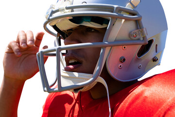 Poster - Digital png photo of biracial american football male player on transparent background