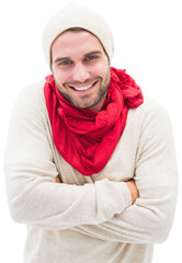 Sticker - Digital png photo of happy caucasian man in warm hat and scarf on transparent background