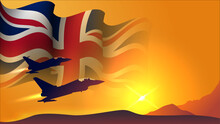 Fighter Jet Plane With United Kingdom Waving Flag Background Design With Sunset View Suitable For National United Kingdom Air Forces Day Event