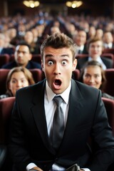 A man in a suit with an astonished look is sitting with colleagues at the presentation. Generative AI