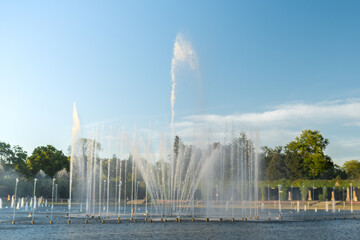 Multimedia Fountain at Centennial Hall, Wroclaw, Poland. The biggest fountain in Poland and one of the biggest in Europe. Sunlight water splashes. Beautiful architecture fountain. Travel destination