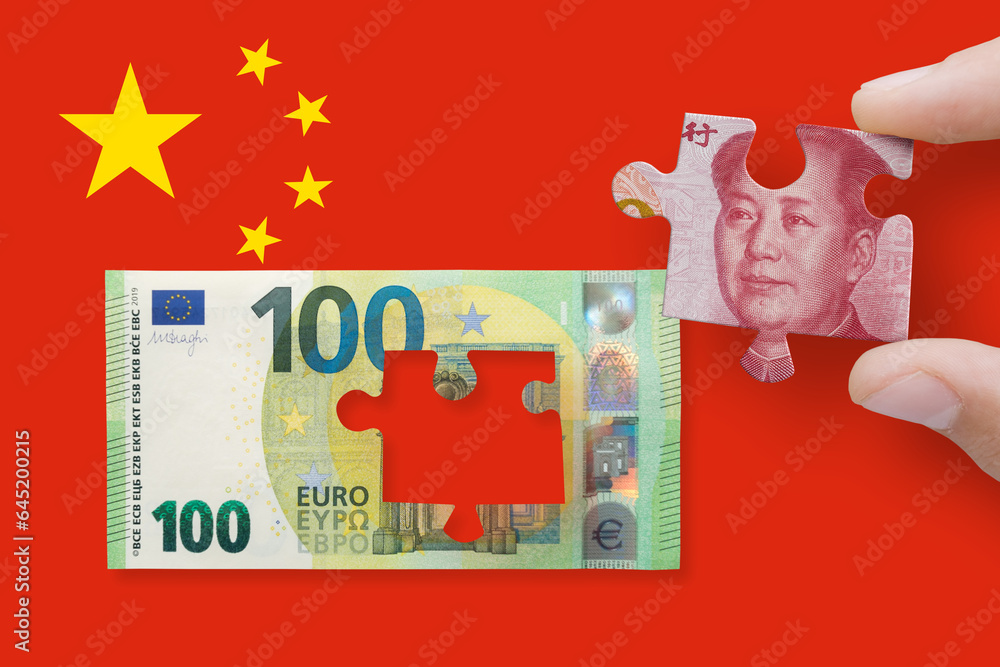100 euro note isolated on a China flag background with 100 yuan. Europe ...
