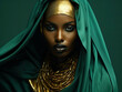 Fierce Sudanese Woman in Traditional Green and Gold Couture Ensemble Against Emerald Background