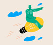 © Stranger Man - Man flies on huge light bulb. Successful idea. Colorful vector illustration