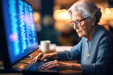 elderly woman learning to code on a desktop - lifelong learning in tech - ai generated