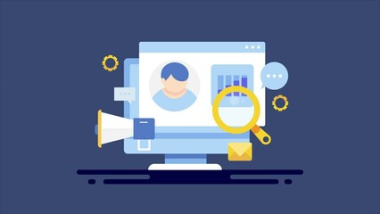 Customer profile analytics data management with CRM software system, business client database, information on web interface, communication technology, organise marketing concept, video animation.