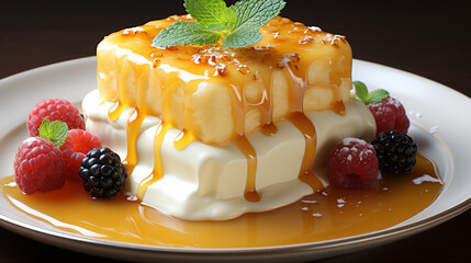 Poster - delicious pudding food with fruit topping