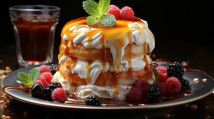 Poster - delicious pudding food with fruit topping