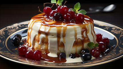 Poster - delicious pudding food with fruit topping