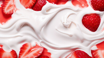 Wall Mural - Yogurt and fresh strawberries, background. Top view. Generative AI
