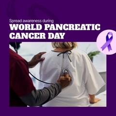 Sticker - Composite of world pancreatic cancer day text over african american male doctor and purple ribbon