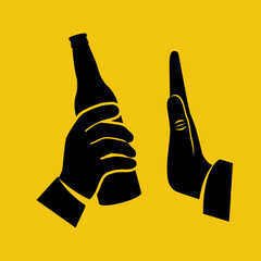 No alcohol. Man offers to drink holding a bottle of beer in hand. Black icon stop alcohol. Hand gesture rejection. Vector illustration flat design. Isolated on background.