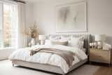 Fototapeta  - A Scandinavian-inspired bedroom with a luxurious upholstered bed, crisp white linens, and soft neutral tones.