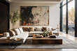 A spacious living room with a sleek sectional sofa, designer coffee table, and curated art on the walls.