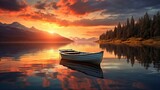 Fototapeta Zachód słońca - Fishing boat rests peacefully on a serene lake, board, mast, frigate, ferry, catamaran, sloop, boatman, journey, steering wheel. Generated by AI.