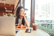 © dodotone - Asian woman relax at cafe with laptop sitting looking out through window city people modern lifestyles