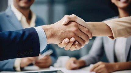 Canvas Print - Business people are handshake after meeting with partnership at office, Closeup of employees shaking hands in team agreement.