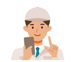 Man wearing factory worker uniform. Factory worker Man cartoon character. People face profiles avatars and icons. Close up image of man using smartphone.