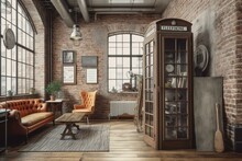 Interior Of A Loft With A Vintage Wall And A Telephone Booth. Generative AI