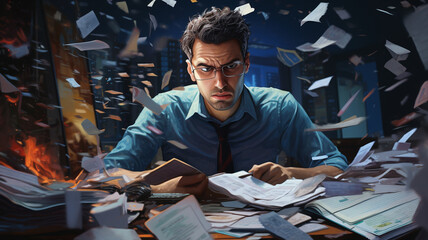 Poster - businessman working at office with pile of papers
