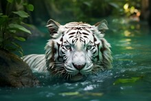 Swimming White Tiger In The Jungle. Generative AI