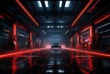 Fototapeta Przestrzenne - Underground cyberpunk garage with red neon lamps, evoking a futuristic atmosphere. 3D rendering. Generative AI