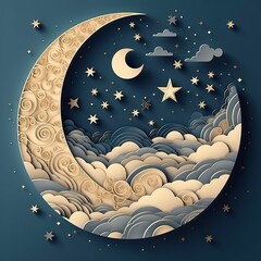 Wall Mural - Free Background of paper cut style moon and clouds hanging Generative AI