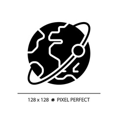 Orbit pixel perfect black glyph icon. Satellite tracking. Planetary motion. Earth planet. Solar system. Globe world. Silhouette symbol on white space. Solid pictogram. Vector isolated illustration