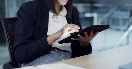 Fototapete - Business woman, hands and tablet for networking, social media or research at night by office. Closeup of female person or employee working late on technology in online search or communication at work