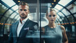 © IgnacioJulian - Executive business elegant blonde couple owning a business and posing behind a glass as successful owners of a business. Executive Manager, businesswoman, and businessman leading a company.