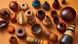 A collection of small smooth turned wooden objects of different colours and wood grain patterns. generative ai.