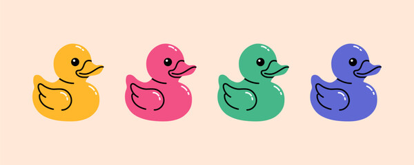 Wall Mural - rubber duck toys set in different colours. flat cartoon style vector illustration.
