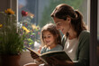 © IgnacioJulian - Mom reads a book with the daughter at home smiling and happy. Flowers decoration. Sunlight from the window. Reading bedtime stories for children before bed. Family happiness and paternity