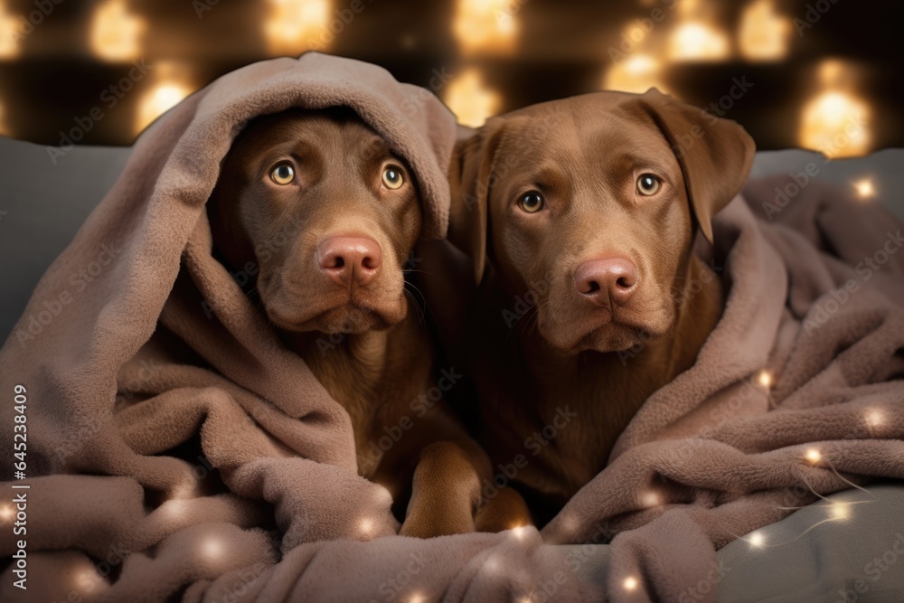Two sad brown dogs sitting together under a blanket on bed at home ...