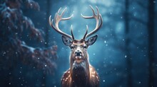 Red Deer Stag In The Winter Forest. Noble Deer Male. Banner With Beautiful Animal In The Nature Habitat. Wildlife Scene From The Wild Nature Landscape. Wallpaper, Christmas Background