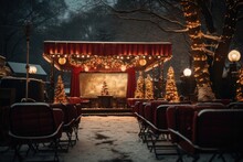 Open Air Cinema In Winter. People Watching Movie In Open Air Movie Theater. AI Generated