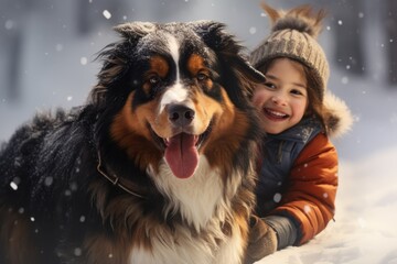 Wall Mural - beautiful little girl with her dog on the snow in winterhaving fun, AI Generated