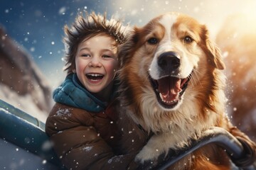 Wall Mural - beautiful little boy with dog on the snow in winterhaving fun, AI Generated